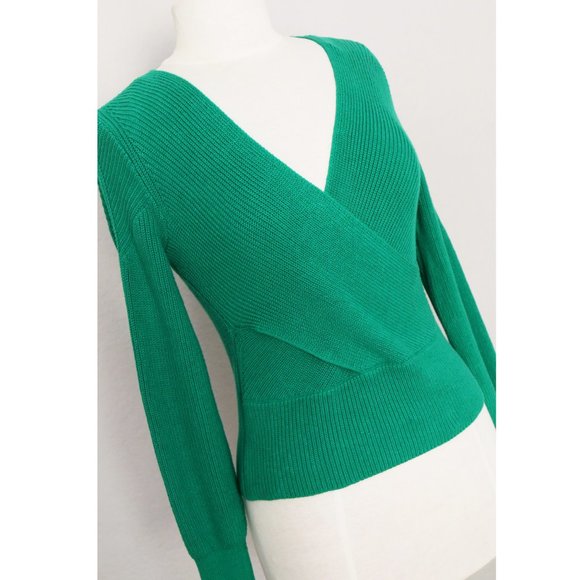 Anthropologie Moth Liza Surplice V Neck Faux Wrap Sweater Kelly Green Ribbed XSP - Picture 4 of 15